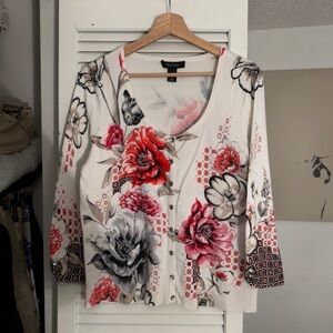 White House Black Market Floral Button-Front Knit Cardigan | Ivory | XL | NWOT